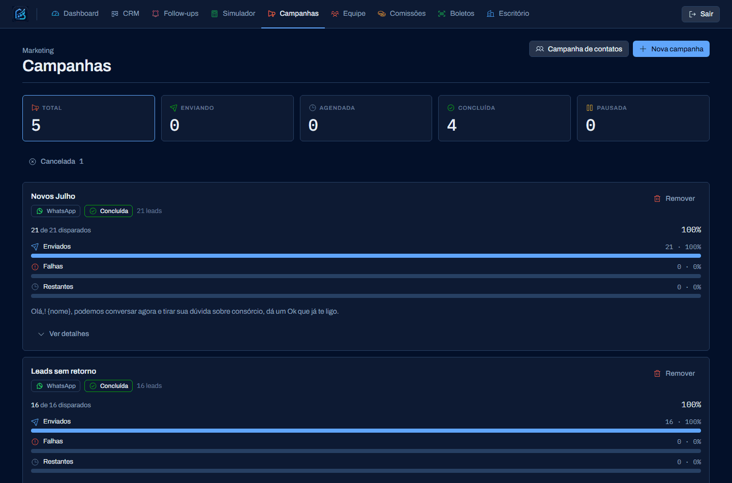Tela de campanhas com segmentos e progresso de envio