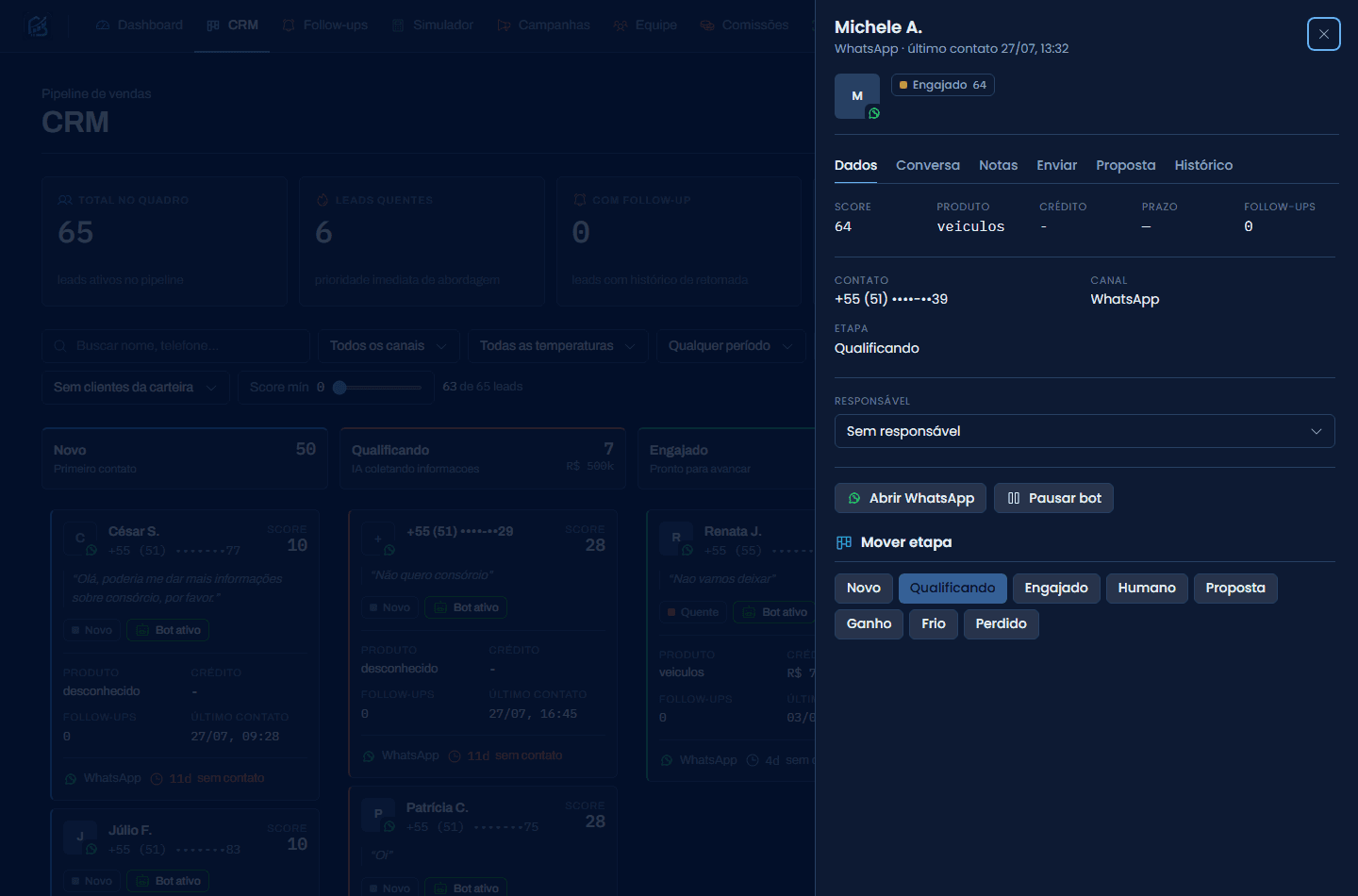 Ficha do lead com score, dados e histórico da conversa